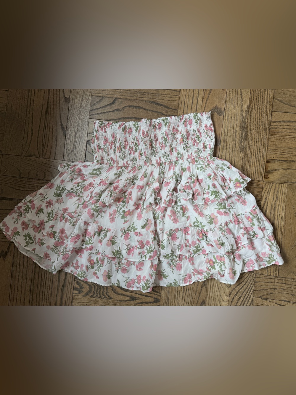 Olivaceous White Mini Skirt with Pink Floral Print